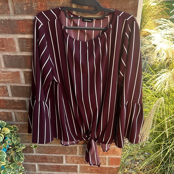 Mittoshop Ladies XL Burgundy w/white & black striped front tie blouse - Picture 2 of 9